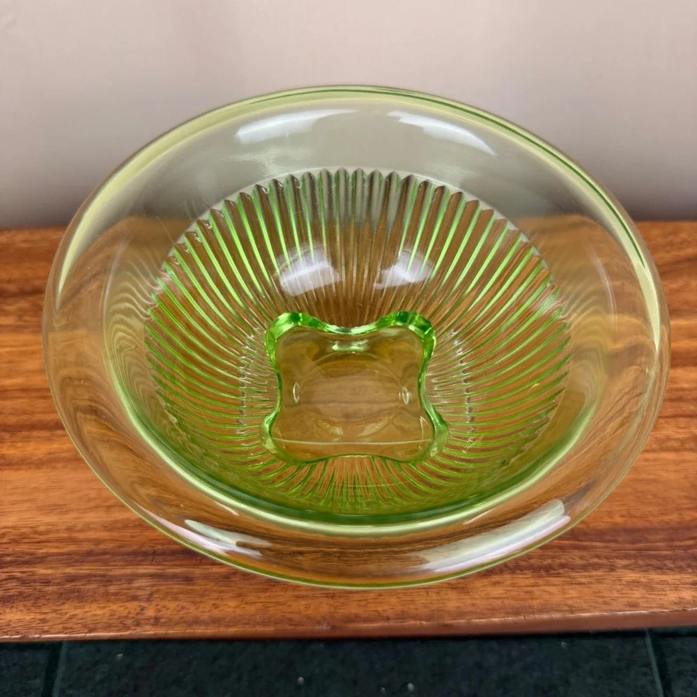 Federal Glass Diana Uranium Glass Bowl Green Ribbed Depression Glass 7 inch